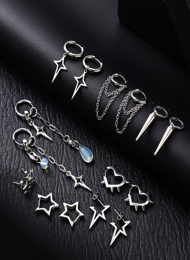 Quelay 8 Pairs Hoop Dangle Earrings for Men Women Goth Gothic Grunge Emo Punk Y2k Kpop Tassel Chain Drop Stud Earrings Christmas Jewelry Gifts(Star Style,Silver) - Image 3